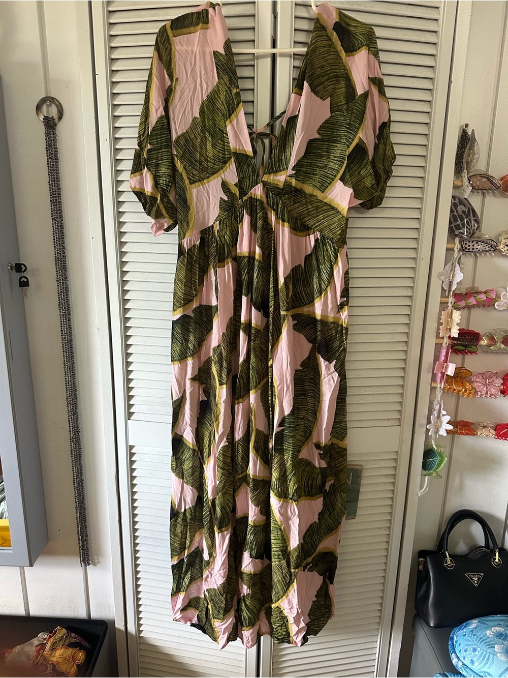Women’s Pink & Olive Leaf Print Swim Coverup Maxi Dress